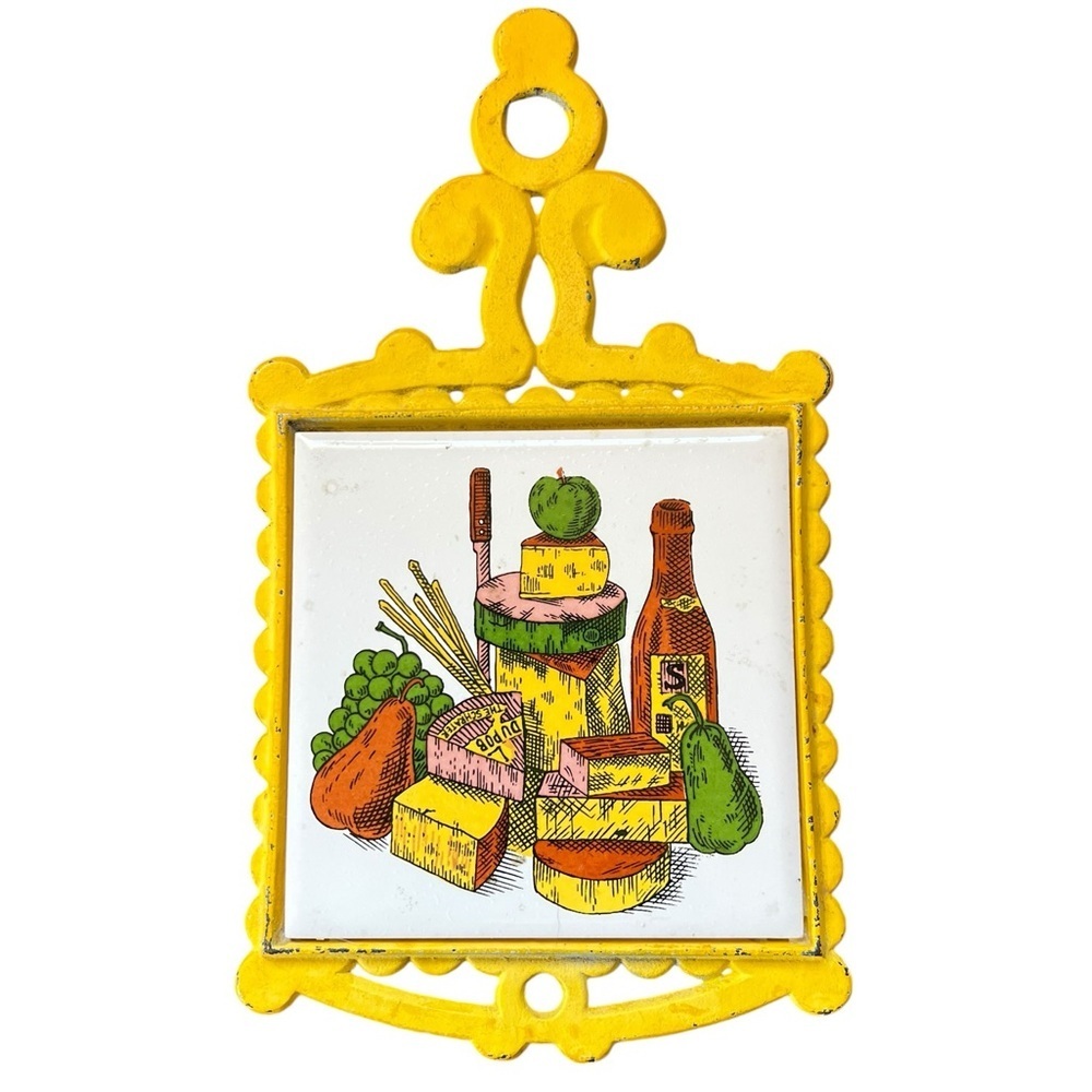 Vintage Cherry Japan Yellow MCM Trivet Wall Hanging Retro Kitchen Ceramic Tile